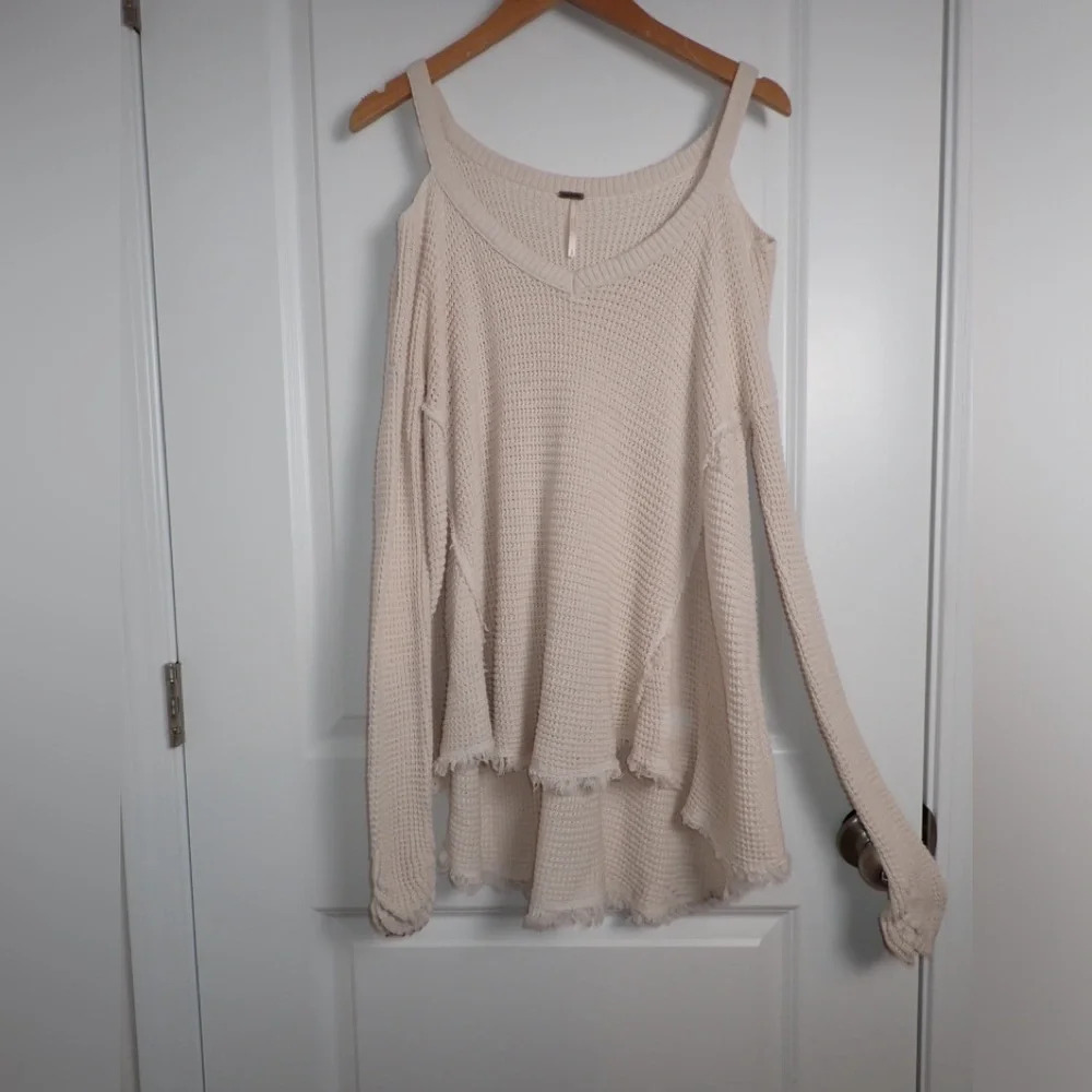 Free People Womens Pullover Sweater Ivory Cold Shoulder V Neck Ribbed Fringe S